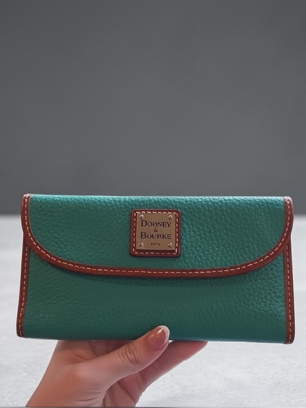 Dooney & Bourke GREEN 100% Leather Continental Wallet with Brown Trim